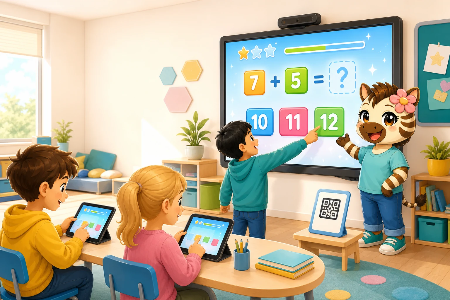 Leerlingen oefenen met Zisa Spelen op tablets en samen aan het smartboard